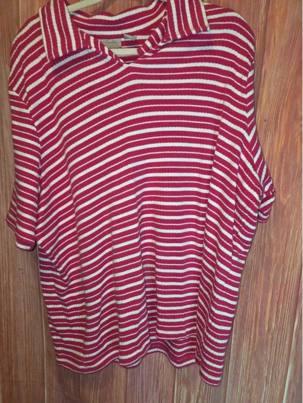 Fiorlini International Plus Red White Striped Johnny Collar Ribbed Top 26/28